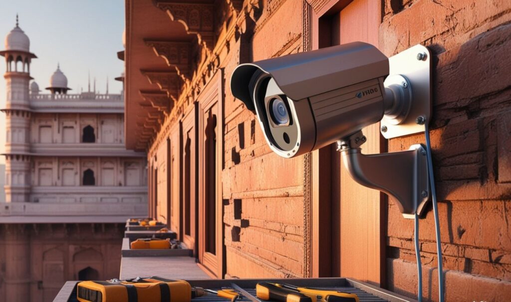 A state-of-the-art CCTV camera being installed on the exterior of a traditional North Indian building in Panipat during golden hour. The camera is mid-installation with tools and mounting brackets visible, set against the intricate brickwork and ornate balconies of the building. The scene also includes a partial view of Panipat's skyline, blending old minarets with modern high-rises