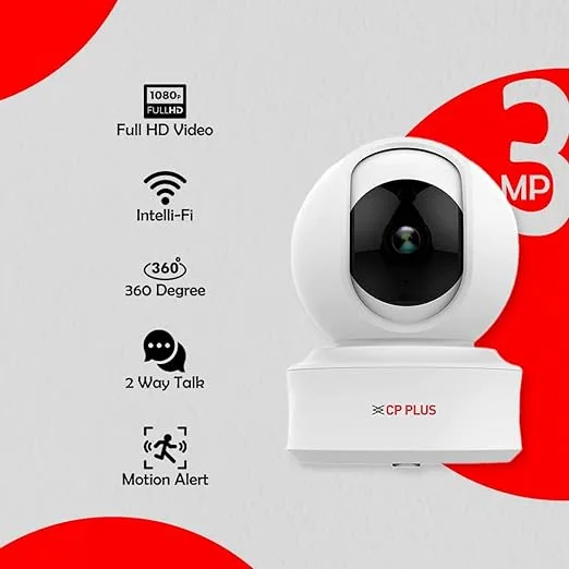 CP PLUS 3MP Full HD Wi-Fi CCTV Camera providing 360° panoramic room view for enhanced indoor security.