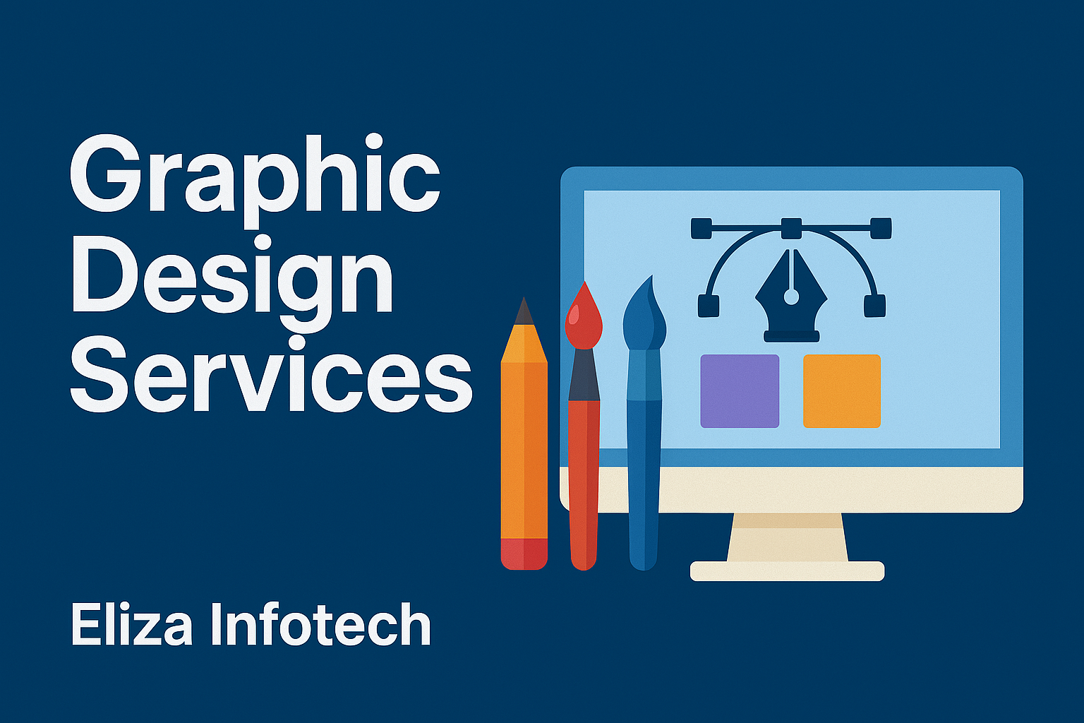 Promotional landscape banner for graphic design services by Eliza Infotech, showcasing creative design tools, vibrant colors, digital artwork elements, and sleek modern typography.