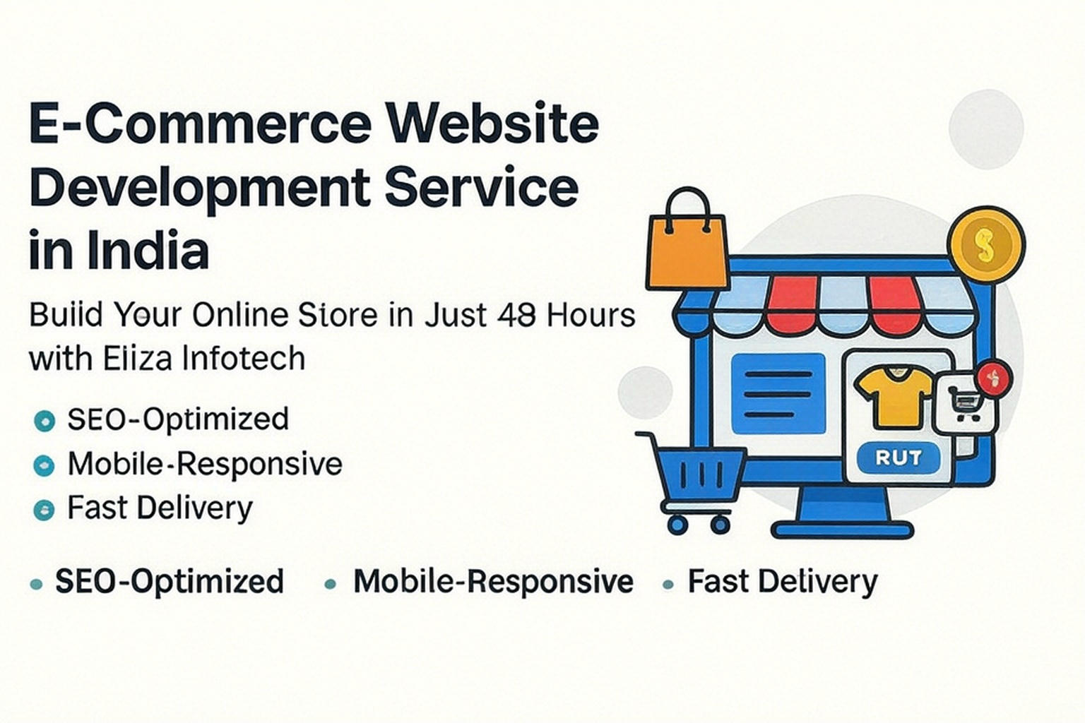 A promotional graphic for Eliza Infotech's e-commerce website development service in India, featuring an illustration of a modern online store interface with a shopping bag, cart, and 'Buy' button, alongside a dollar sign and clothing item. The text highlights SEO-optimized, mobile-responsive, and fast delivery features, emphasizing a professional e-commerce solution.