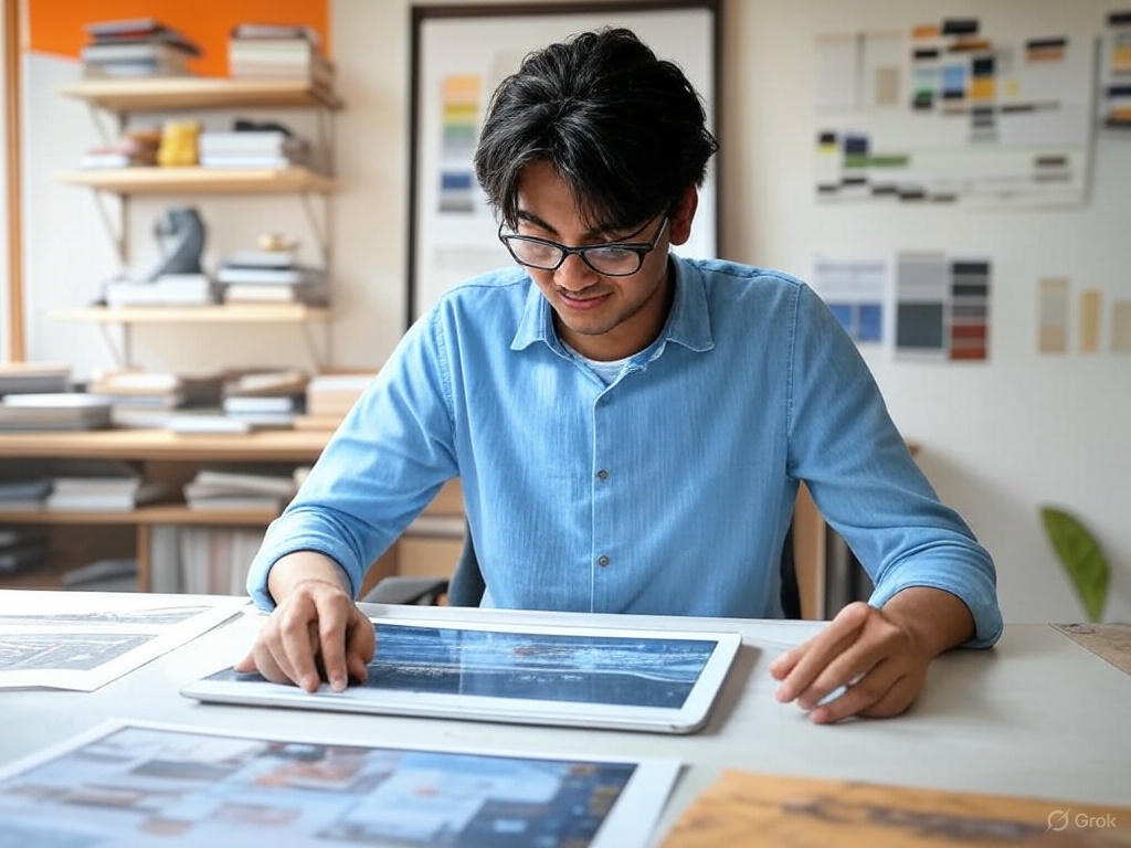 A modern design studio featuring a graphic designer working at a desk with a tablet and colorful design samples, including typography and color palettes, set against a backdrop with the Indian flag, symbolizing creativity and innovation in graphic designing services in India.