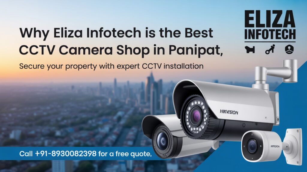 Why Eliza Infotech is the Best CCTV Camera Shop in Panipat.’ Show CCTV cameras (Hikvision, Dahua) with a Panipat cityscape and blue-to-white gradient. Add Eliza Infotech logo, title in bold Montserrat, subtitle ‘Secure Your Property,’ and CTA ‘Call +91-8930082398’ on a blue button.