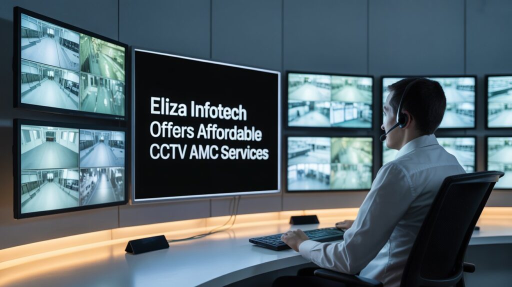 A photograph of a sleek, modern security control room with multiple monitors displaying live CCTV feeds. Dominating the center of the frame is a large monitor showcasing "Eliza Infotech offers affordable CCTV AMC services" in a clear white font. A friendly-looking technician with a headset is seated at a console, attentively monitoring the feeds, illuminated by the glow of the screens. The room is clean and organized, with a minimalist design featuring neutral grey walls and subtle ambient lighting, conveying a sense of reliability and professional service.