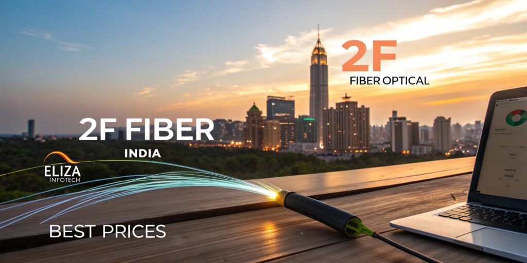 A landscape 16:9 featured image for 'Top 10 2f Optical Fiber Cable Prices in India for Businesses | Eliza Infotech'. Depict a modern Indian cityscape at sunrise with a warm golden-to-blue gradient sky. Show a sleek 2f optical fiber cable with glowing light pulses in the foreground, symbolizing fast connectivity. Include digital icons of '2f' and 'Fiber Optic' floating above the cable with a neon effect. Display a laptop screen showing a price comparison chart and a smartphone with the 'Eliza Infotech' logo. Add subtle floating SEO keywords like '2f Fiber India' and 'Best Prices' in a futuristic font. Use a tech-inspired aesthetic with vibrant colors to convey innovation and reliability.